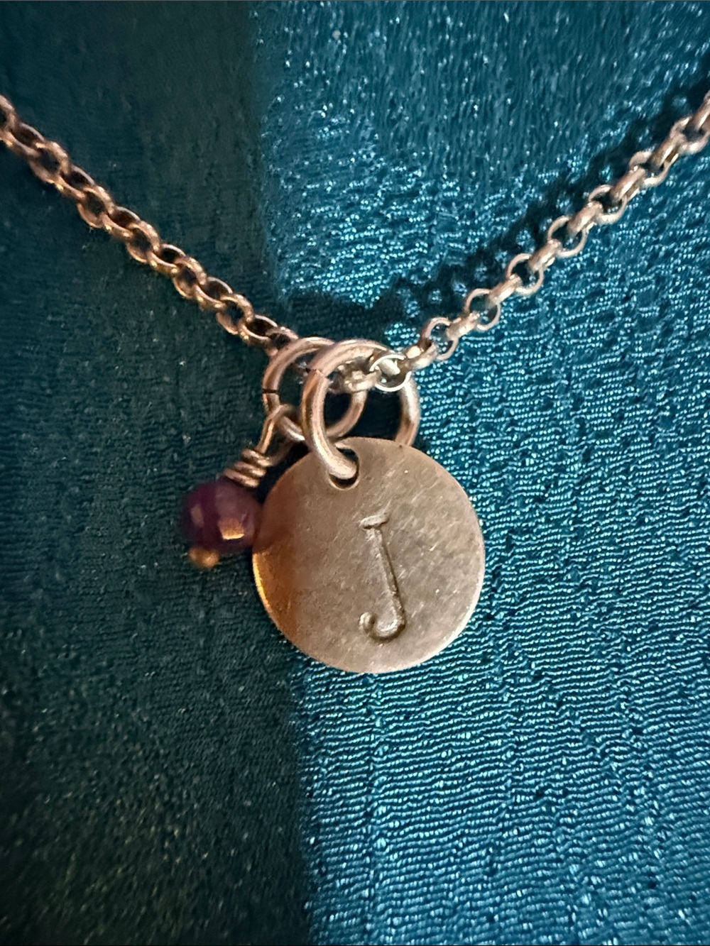 Initial 'J' Pendant Necklace with Purple Accent in Sterling silver